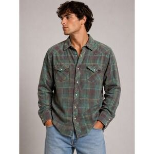 Wrangler Mens Green‎ Plaid Long Sleeve Pearl Snap Western Yoke Flannel Shirt XL